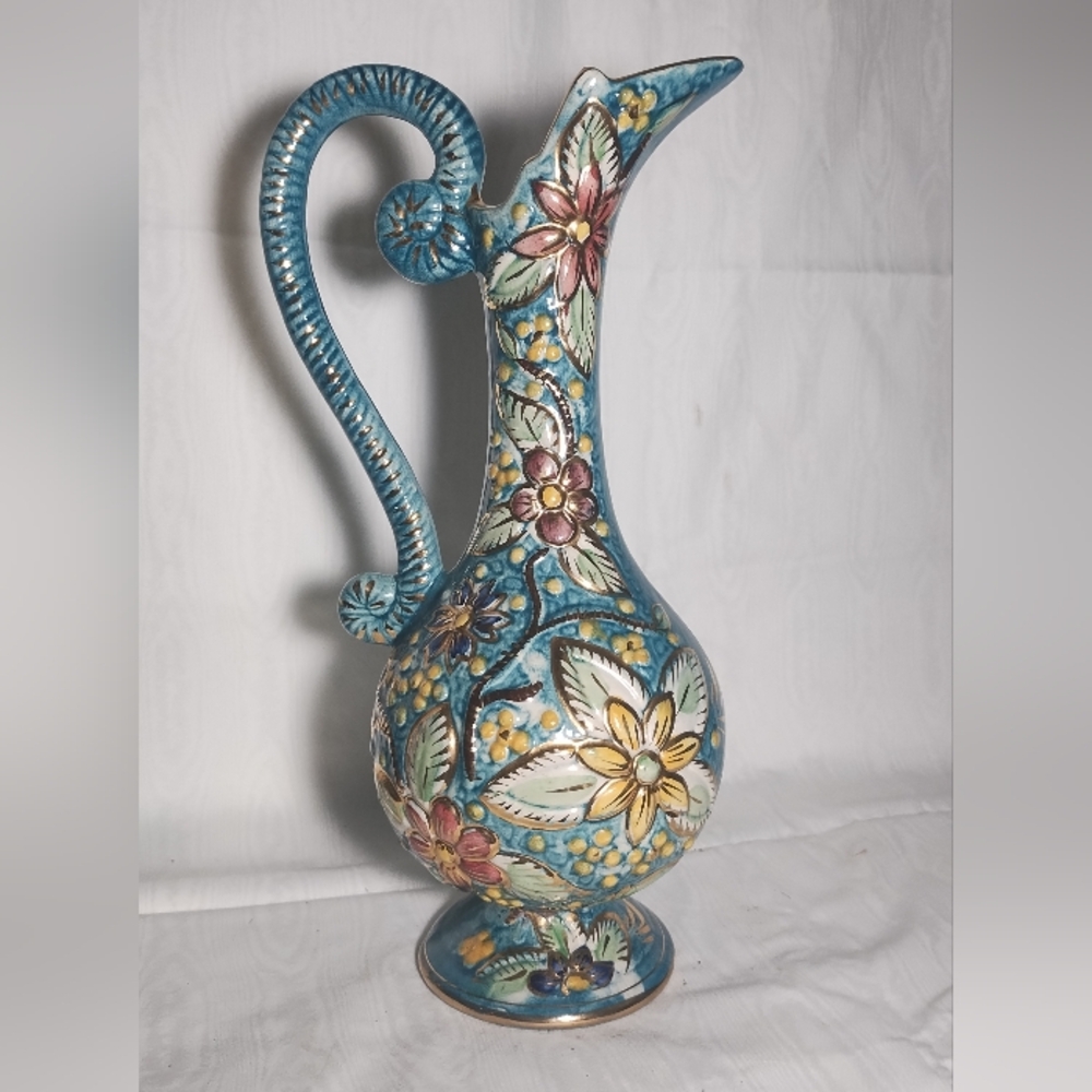 Beautiful hand painted Belgian pitcher ewer vase in the name of 14 inches tall